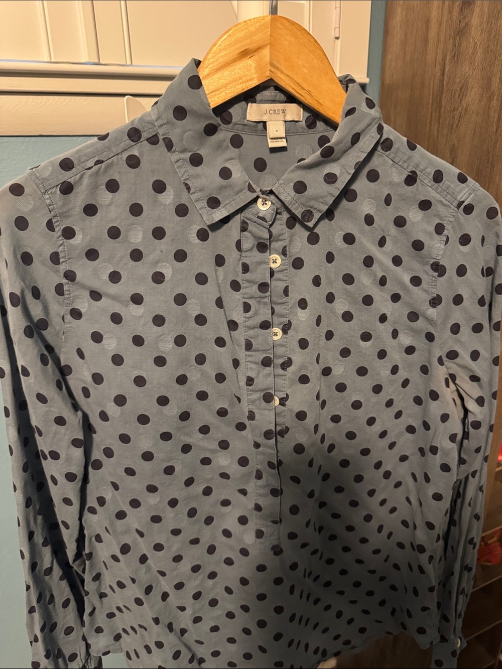 J. Crew Slate Blue Button-Down Shirt with Black Polka Dots